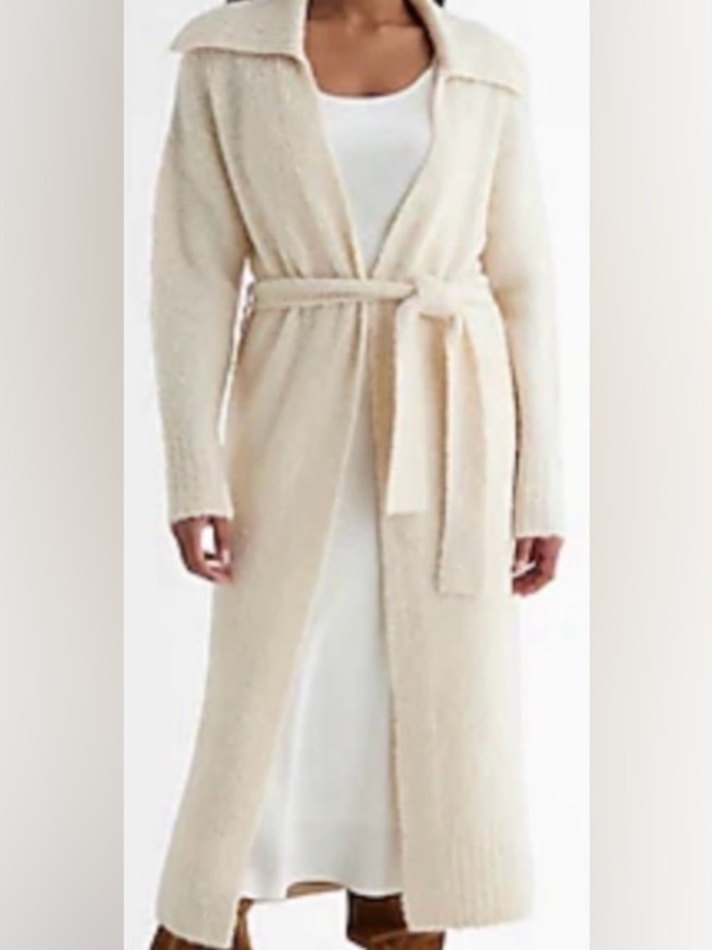 Long Cream Boucle Cardigan Coat with Belt